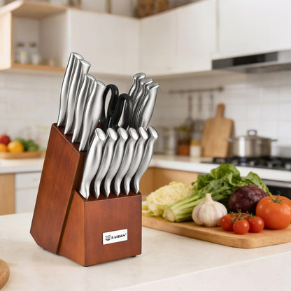 Knife Set, 15-Piece Kitchen Knife Block Sets with Built-in Sharpener, German Stainless Steel Knife Block Set, Dishwasher Safe