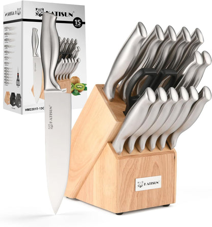 Knife Set, 15-Piece Kitchen Knife Block Sets with Built-in Sharpener, German Stainless Steel Knife Block Set, Dishwasher Safe