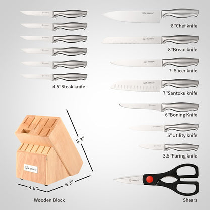 Knife Set, 15-Piece Kitchen Knife Block Sets with Built-in Sharpener, German Stainless Steel Knife Block Set, Dishwasher Safe