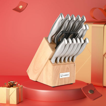 Knife Set, 15-Piece Kitchen Knife Block Sets with Built-in Sharpener, German Stainless Steel Knife Block Set, Dishwasher Safe