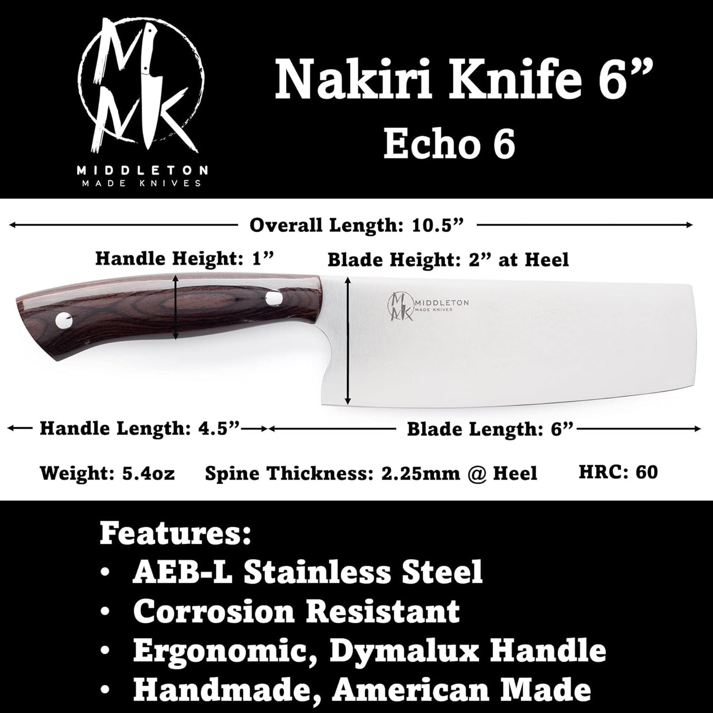 Echo 6 Inch Nakiri Knife, AEB-L USA Stainless, Walnut | Traditional Japanese 6inch vegetable blade delivers exceptional accuracy and speed when cutting greens or raw produce.