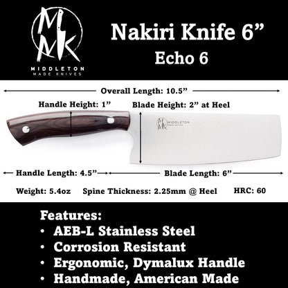 Echo 6 Inch Nakiri Knife, AEB-L USA Stainless, Walnut | Traditional Japanese 6inch vegetable blade delivers exceptional accuracy and speed when cutting greens or raw produce.