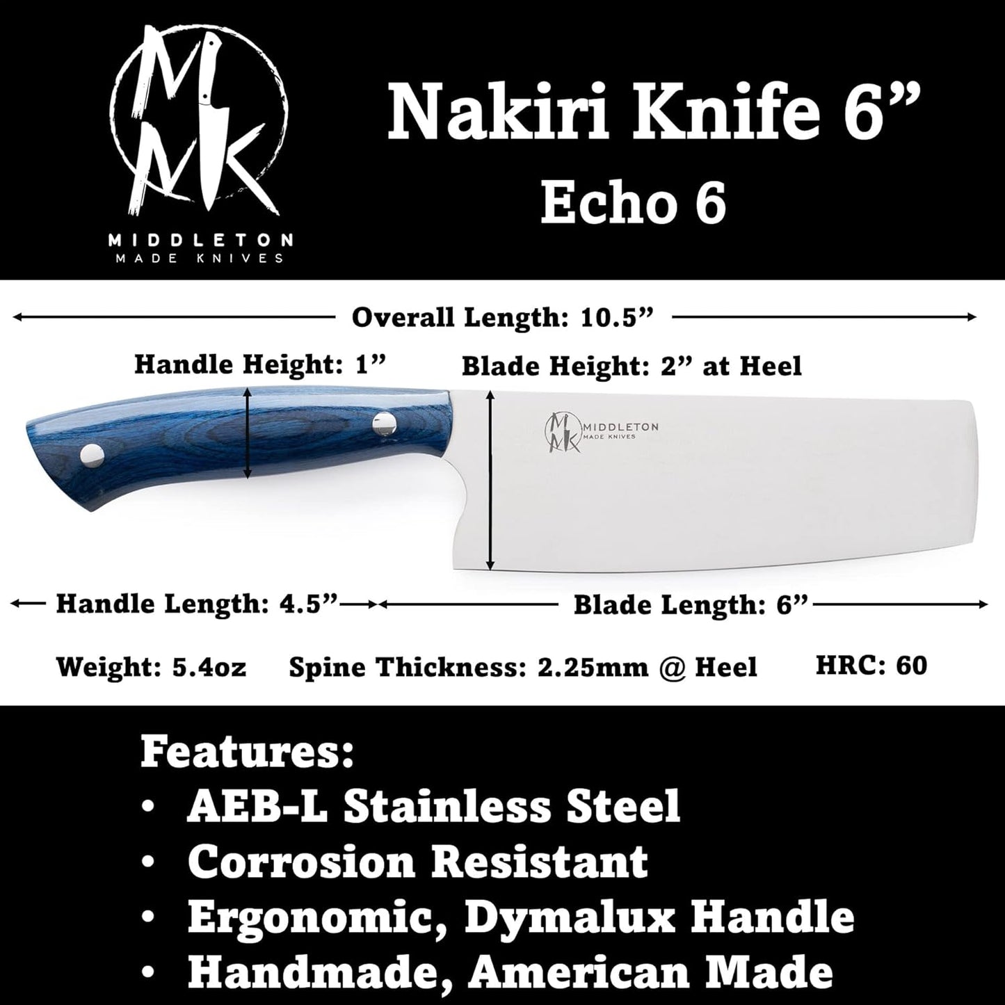 Echo 6 Inch Nakiri Knife, AEB-L USA Stainless, Walnut | Traditional Japanese 6inch vegetable blade delivers exceptional accuracy and speed when cutting greens or raw produce.