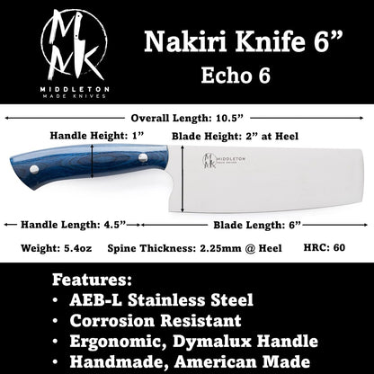 Echo 6 Inch Nakiri Knife, AEB-L USA Stainless, Walnut | Traditional Japanese 6inch vegetable blade delivers exceptional accuracy and speed when cutting greens or raw produce.