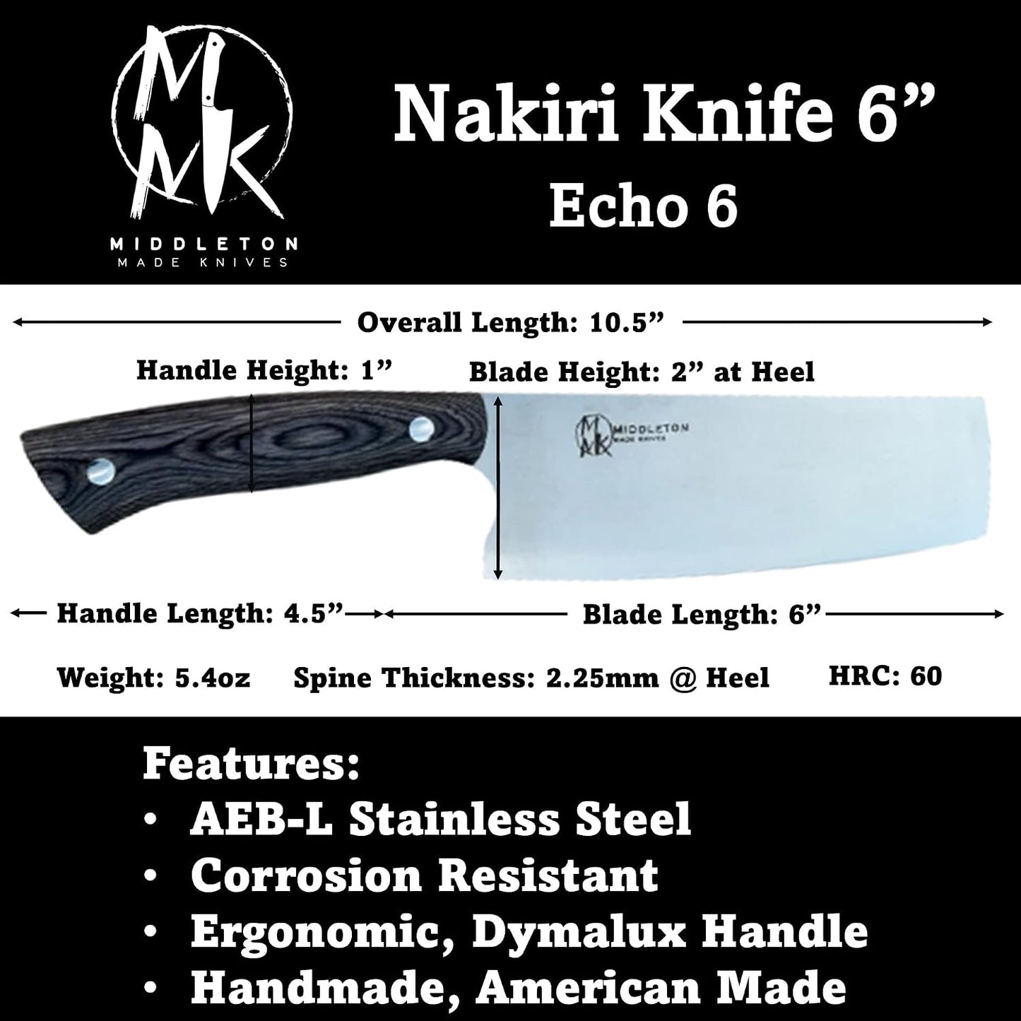 Echo 6 Inch Nakiri Knife, AEB-L USA Stainless, Walnut | Traditional Japanese 6inch vegetable blade delivers exceptional accuracy and speed when cutting greens or raw produce.