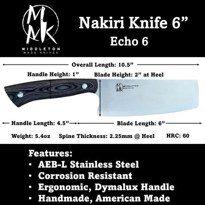 Echo 6 Inch Nakiri Knife, AEB-L USA Stainless, Walnut | Traditional Japanese 6inch vegetable blade delivers exceptional accuracy and speed when cutting greens or raw produce.