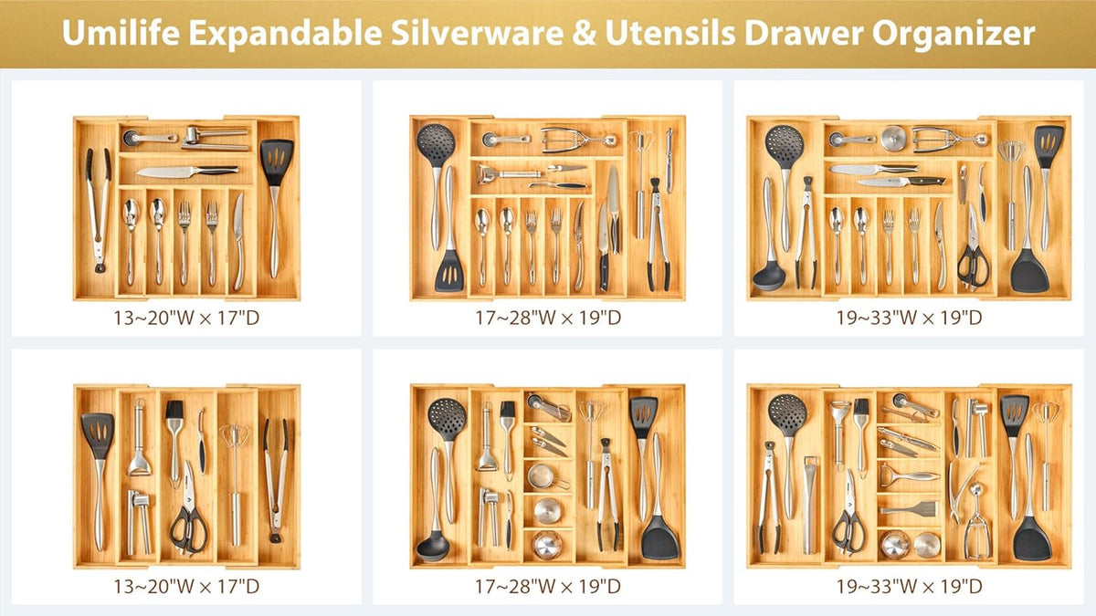Large Expandable Kitchen Silverware Utensils Drawer Organizer, 2.5" Extra High Adjustable Drawer Divider with Curved Grooves, Bamboo Wood Cutlery Tray Flatware Holder