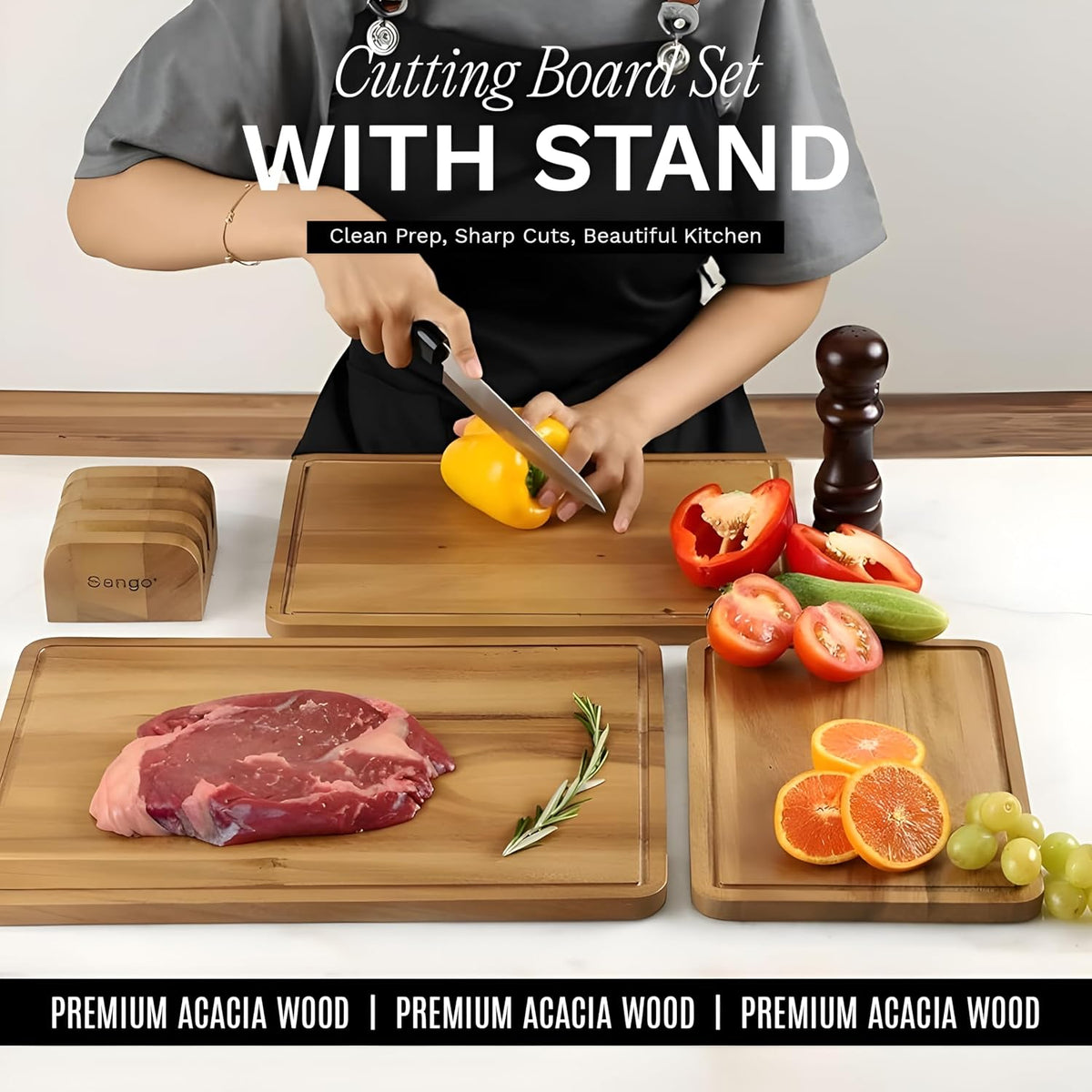Acacia Cutting Board Set with Juice Grooves and Partitions for Serving, 3-Piece- Wood Chopping Boards, Stackable & Reversible for Kitchen, Non-Toxic, Perfect as Butcher Block Countertop, Atelier