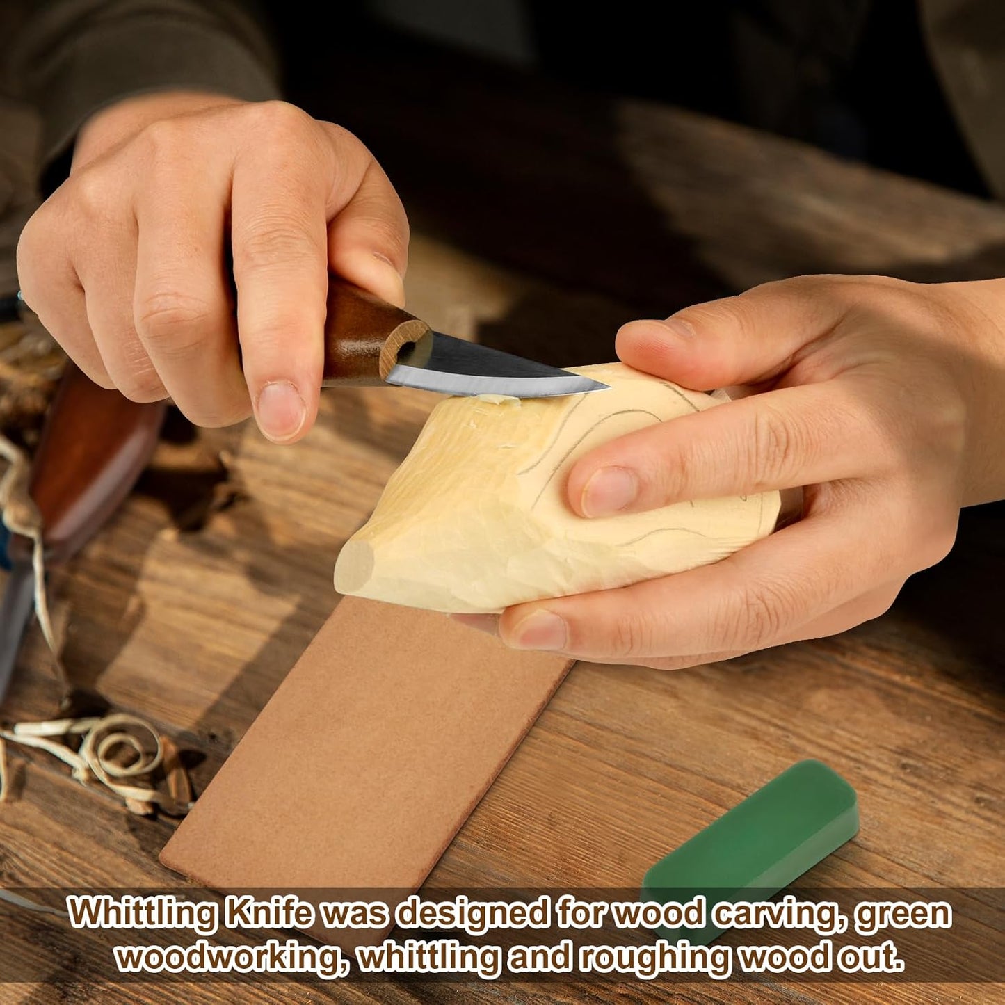 Wood Carving Knife With Leather Strop and Polishing Compound, Wood Whittling Tools for Beginners, Adults and Kids (Hook Carving Knife)