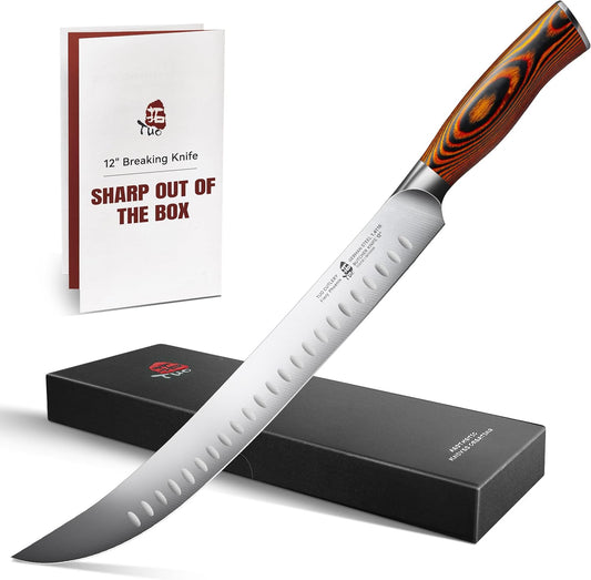 Butcher Knife - 12 Inch Breaking Butcher s Knives Curved Granton Edge Carver Slicing Knife Long Meat Veggies Cleaver - German HC Steel Comfortable Pakkawood Handle - Fiery Series Gift Box Included