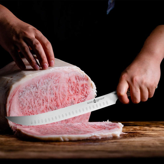 Butcher Knife - 12 Inch Breaking Butcher s Knives Curved Granton Edge Carver Slicing Knife Long Meat Veggies Cleaver - German HC Steel Comfortable Pakkawood Handle - Fiery Series Gift Box Included