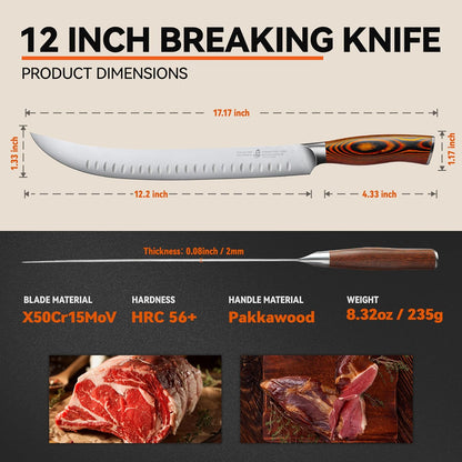 Butcher Knife - 12 Inch Breaking Butcher s Knives Curved Granton Edge Carver Slicing Knife Long Meat Veggies Cleaver - German HC Steel Comfortable Pakkawood Handle - Fiery Series Gift Box Included