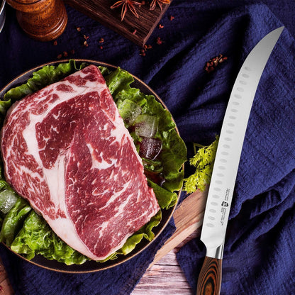 Butcher Knife - 12 Inch Breaking Butcher s Knives Curved Granton Edge Carver Slicing Knife Long Meat Veggies Cleaver - German HC Steel Comfortable Pakkawood Handle - Fiery Series Gift Box Included