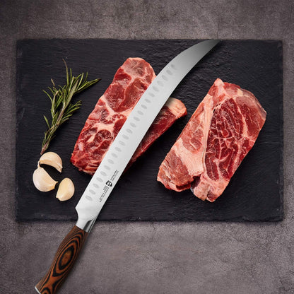 Butcher Knife - 12 Inch Breaking Butcher s Knives Curved Granton Edge Carver Slicing Knife Long Meat Veggies Cleaver - German HC Steel Comfortable Pakkawood Handle - Fiery Series Gift Box Included