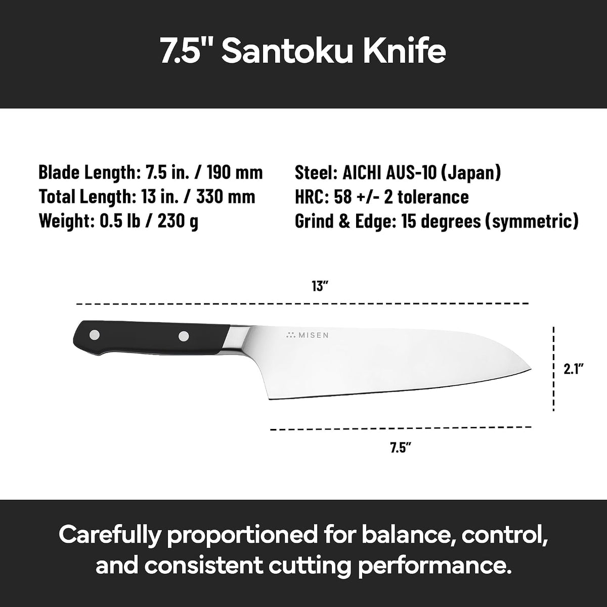 Japanese Santoku Chef Knife - 7.5 Inch High Carbon Stainless Steel - Classic Japanese Knife Design for Cutting, Slicing, and Chopping - Razor Sharp Japanese Style Kitchen Knife, Black