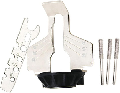 Chainsaw Sharpening Guide with Ruler - Rotary Tool & Drill Attachment Kit | Sharpens chainsaw blades with any rotary tool or drill. Angle guide & ruler for precision. Easy DIY sharpening accessory kit.