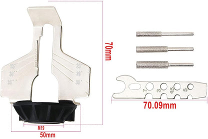 Chainsaw Sharpening Guide with Ruler - Rotary Tool & Drill Attachment Kit | Sharpens chainsaw blades with any rotary tool or drill. Angle guide & ruler for precision. Easy DIY sharpening accessory kit.