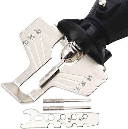 Chainsaw Sharpening Guide with Ruler - Rotary Tool & Drill Attachment Kit | Sharpens chainsaw blades with any rotary tool or drill. Angle guide & ruler for precision. Easy DIY sharpening accessory kit.
