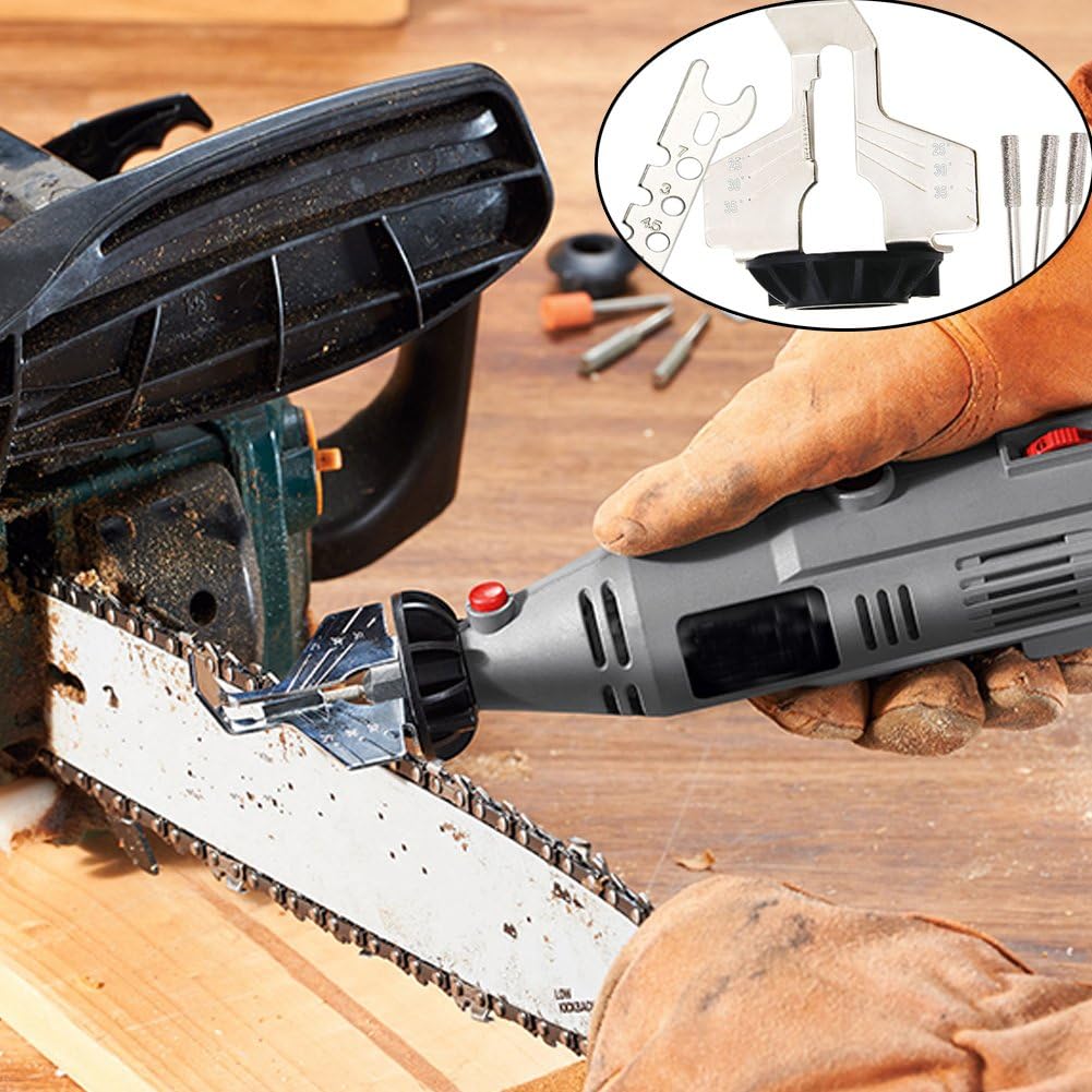 Chainsaw Sharpening Guide with Ruler - Rotary Tool & Drill Attachment Kit | Sharpens chainsaw blades with any rotary tool or drill. Angle guide & ruler for precision. Easy DIY sharpening accessory kit.