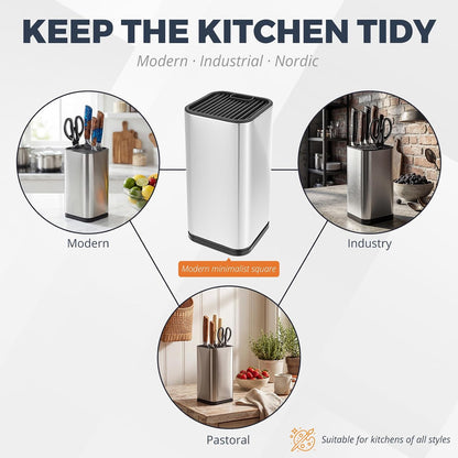 Universal Stainless Steel Knife Block Without Knives, Large Capacity Kitchen Knife Holder Storage Organizer, Space Saving Knife Stand with Scissors Slot & Sharpening Rod, Detachable for Easy Cleaning