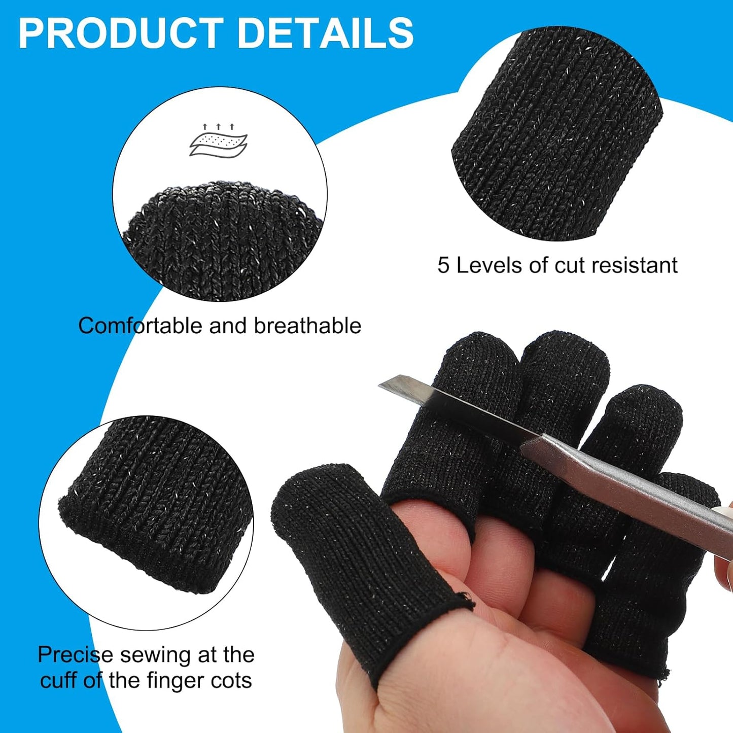 Cut Resistant Finger Cots Protectors 2.4 x 1 Inch, 20 Pcs Reusable Anti-Cut Finger Sleeve Covers for Kitchen Food Cutting Sculpture Work Garden, Black