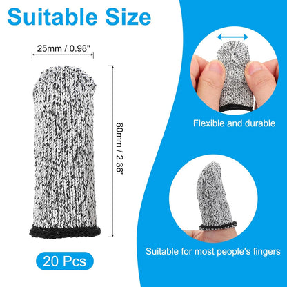 Cut Resistant Finger Cots Protectors 2.4 x 1 Inch, 20 Pcs Reusable Anti-Cut Finger Sleeve Covers for Kitchen Food Cutting Sculpture Work Garden, Black