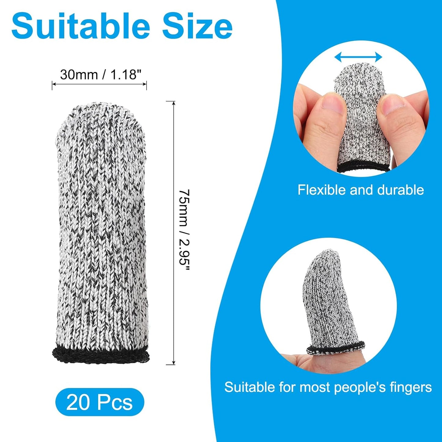Cut Resistant Finger Cots Protectors 2.4 x 1 Inch, 20 Pcs Reusable Anti-Cut Finger Sleeve Covers for Kitchen Food Cutting Sculpture Work Garden, Black