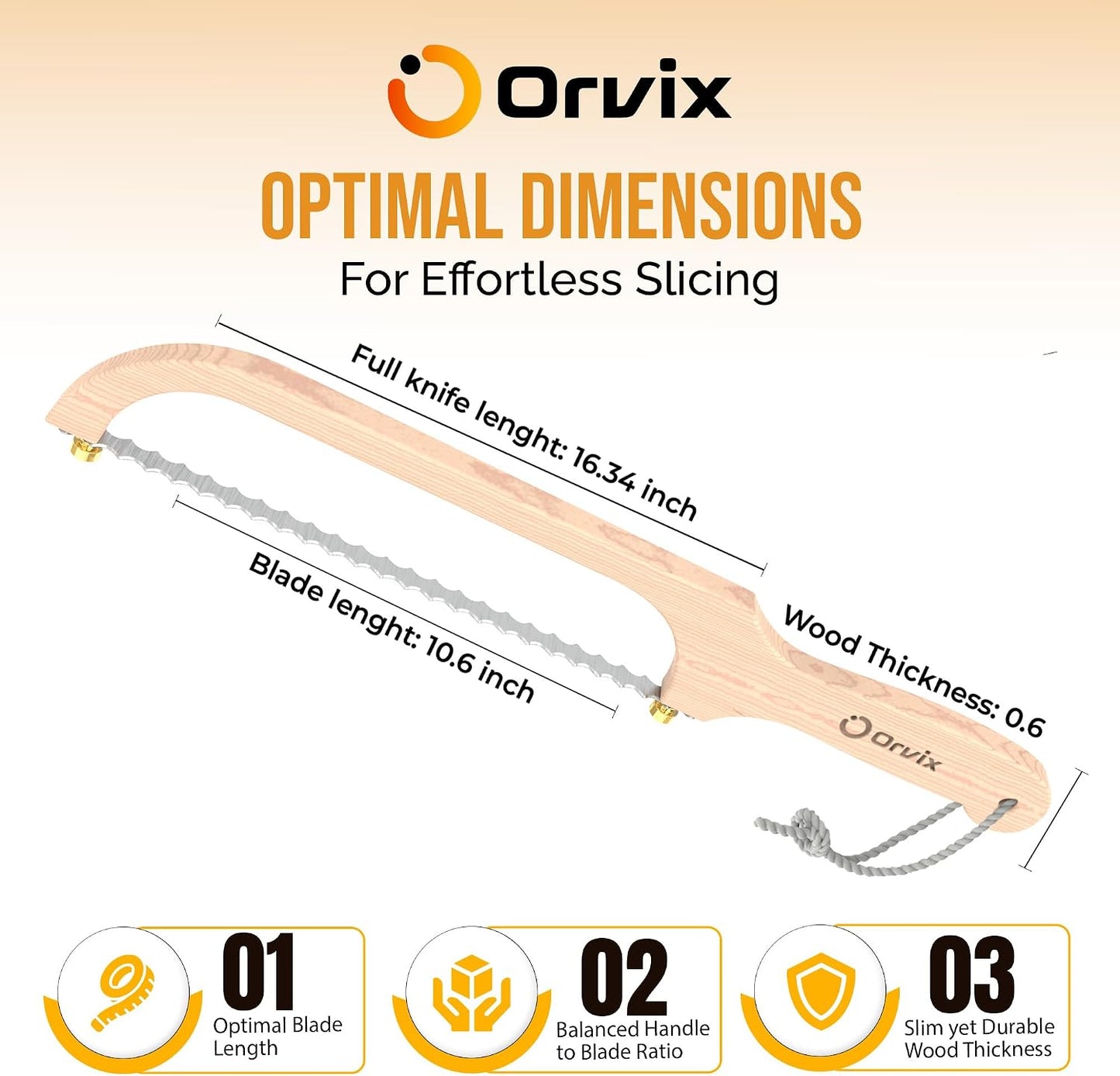 Bread Knife for Homemade Bread, Sourdough Bread Knife, 16 Inches Bread Slicer, 10.6 Inches Double Sided Serrated Stainless Steel Blade, 45mm Knuckle Clearance, Beech Wood Bow Design