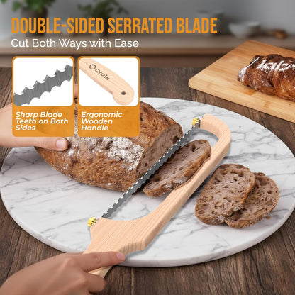 Bread Knife for Homemade Bread, Sourdough Bread Knife, 16 Inches Bread Slicer, 10.6 Inches Double Sided Serrated Stainless Steel Blade, 45mm Knuckle Clearance, Beech Wood Bow Design