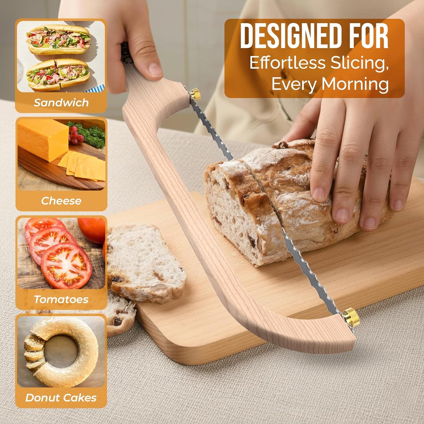 Bread Knife for Homemade Bread, Sourdough Bread Knife, 16 Inches Bread Slicer, 10.6 Inches Double Sided Serrated Stainless Steel Blade, 45mm Knuckle Clearance, Beech Wood Bow Design