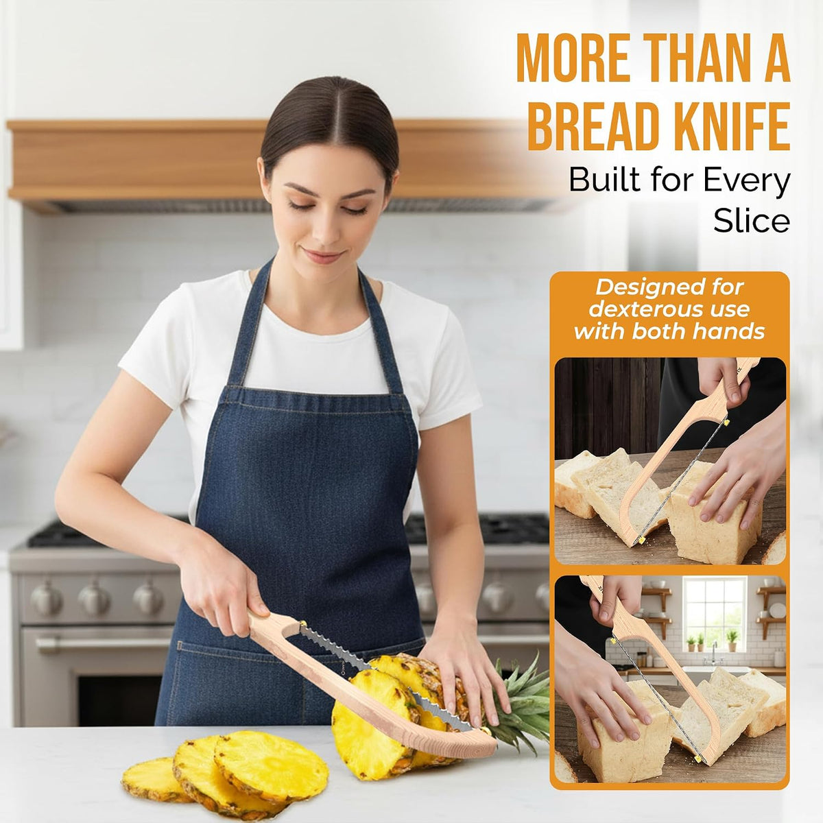 Bread Knife for Homemade Bread, Sourdough Bread Knife, 16 Inches Bread Slicer, 10.6 Inches Double Sided Serrated Stainless Steel Blade, 45mm Knuckle Clearance, Beech Wood Bow Design