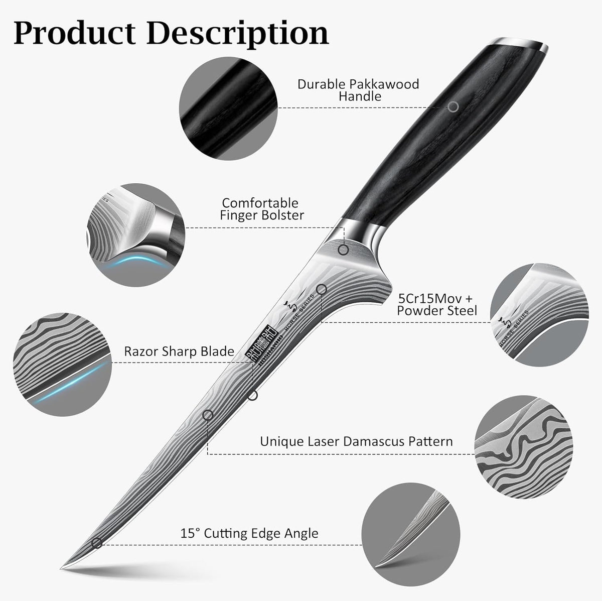Fillet Knife 7 Inch, Japanese Sharp Boning Knife, Flexible Blade | Japanese High Carbon Powder Steel Fish Knives for Meat Poultry Chicken Cutting, Filet Knife with Ergonomic Pakkawood Handle