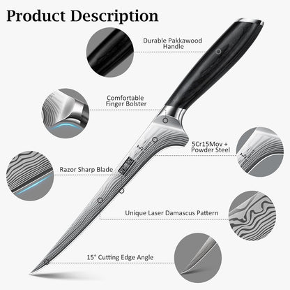 Fillet Knife 7 Inch, Japanese Sharp Boning Knife, Flexible Blade | Japanese High Carbon Powder Steel Fish Knives for Meat Poultry Chicken Cutting, Filet Knife with Ergonomic Pakkawood Handle