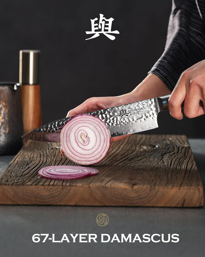 Japanese Chef Knife, 67-Layer Damascus Steel 8 Inch Kitchen Knife with AUS-10 Core, Professional Hand Forged Gyuto Knife with Gift Box, Ergonomic Handle, Ideal Valentine's Day Gifts for Men Women