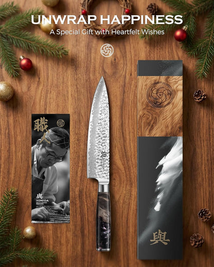 Japanese Chef Knife, 67-Layer Damascus Steel 8 Inch Kitchen Knife with AUS-10 Core, Professional Hand Forged Gyuto Knife with Gift Box, Ergonomic Handle, Ideal Valentine's Day Gifts for Men Women