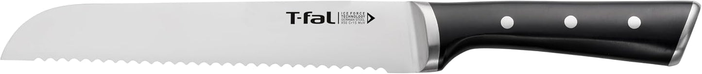 T-fal Ice Force German Stainless Steel Bread Knife 8 Inch, Long Lasting Sharpness, High Cutting Precision, Superior Durability, Ultra Sharp Blades, Cookware Kitchen Knife, Cook Kitchen Tool, Black