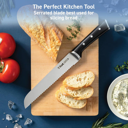 T-fal Ice Force German Stainless Steel Bread Knife 8 Inch, Long Lasting Sharpness, High Cutting Precision, Superior Durability, Ultra Sharp Blades, Cookware Kitchen Knife, Cook Kitchen Tool, Black