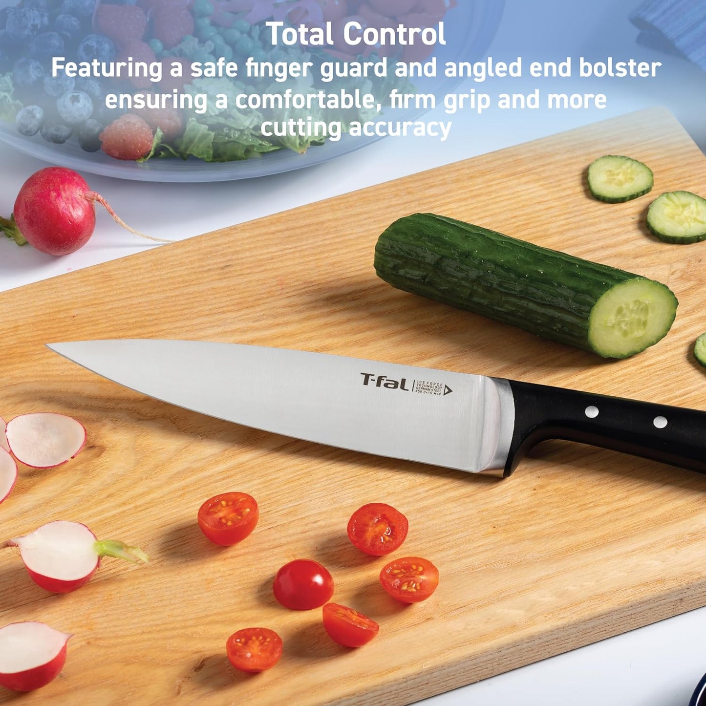 T-fal Ice Force German Stainless Steel Bread Knife 8 Inch, Long Lasting Sharpness, High Cutting Precision, Superior Durability, Ultra Sharp Blades, Cookware Kitchen Knife, Cook Kitchen Tool, Black
