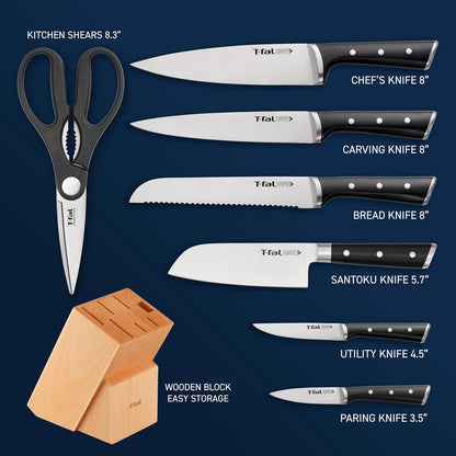 T-fal Ice Force German Stainless Steel Bread Knife 8 Inch, Long Lasting Sharpness, High Cutting Precision, Superior Durability, Ultra Sharp Blades, Cookware Kitchen Knife, Cook Kitchen Tool, Black