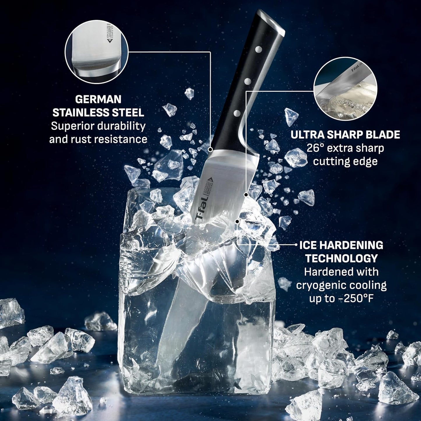 T-fal Ice Force German Stainless Steel Bread Knife 8 Inch, Long Lasting Sharpness, High Cutting Precision, Superior Durability, Ultra Sharp Blades, Cookware Kitchen Knife, Cook Kitchen Tool, Black
