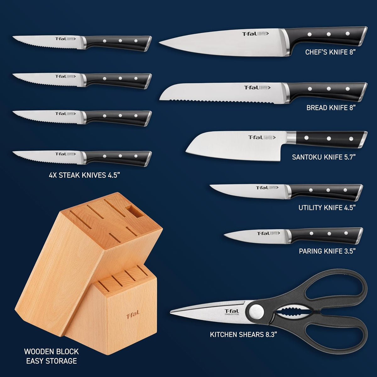 T-fal Ice Force German Stainless Steel Bread Knife 8 Inch, Long Lasting Sharpness, High Cutting Precision, Superior Durability, Ultra Sharp Blades, Cookware Kitchen Knife, Cook Kitchen Tool, Black