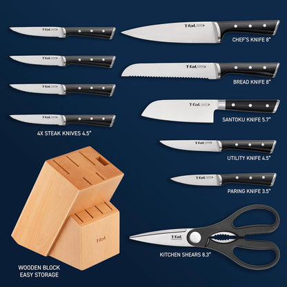 T-fal Ice Force German Stainless Steel Bread Knife 8 Inch, Long Lasting Sharpness, High Cutting Precision, Superior Durability, Ultra Sharp Blades, Cookware Kitchen Knife, Cook Kitchen Tool, Black