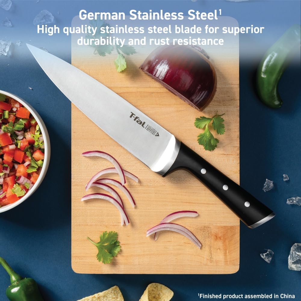 T-fal Ice Force German Stainless Steel Bread Knife 8 Inch, Long Lasting Sharpness, High Cutting Precision, Superior Durability, Ultra Sharp Blades, Cookware Kitchen Knife, Cook Kitchen Tool, Black