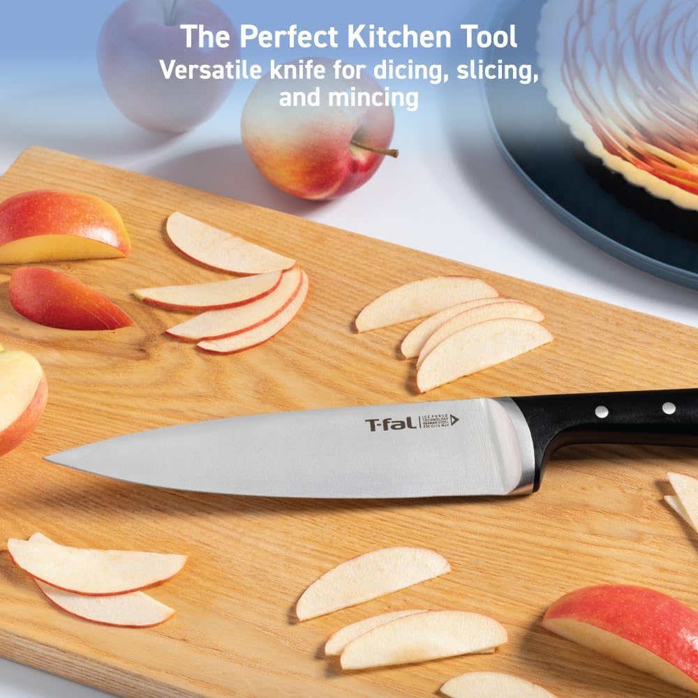 T-fal Ice Force German Stainless Steel Bread Knife 8 Inch, Long Lasting Sharpness, High Cutting Precision, Superior Durability, Ultra Sharp Blades, Cookware Kitchen Knife, Cook Kitchen Tool, Black