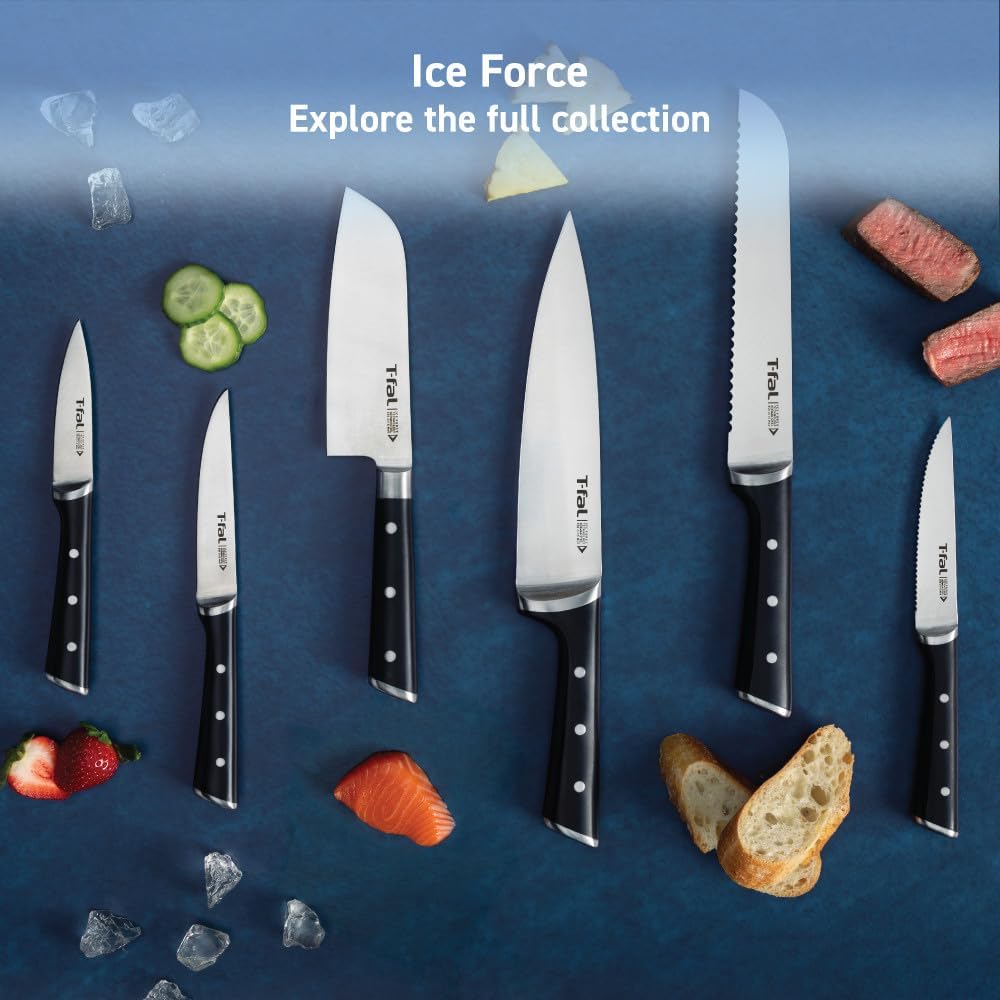 T-fal Ice Force German Stainless Steel Bread Knife 8 Inch, Long Lasting Sharpness, High Cutting Precision, Superior Durability, Ultra Sharp Blades, Cookware Kitchen Knife, Cook Kitchen Tool, Black