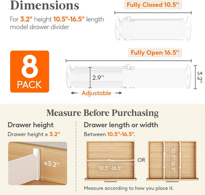 Drawer Dividers for Clothes, 3.2" High 10.5"-16.5" Expandable Dresser Drawer Organizers, Adjustable White Plastic Separators for Kitchen, Cabinet, Nursery, Socks & Underwear Storage, 4 Pack
