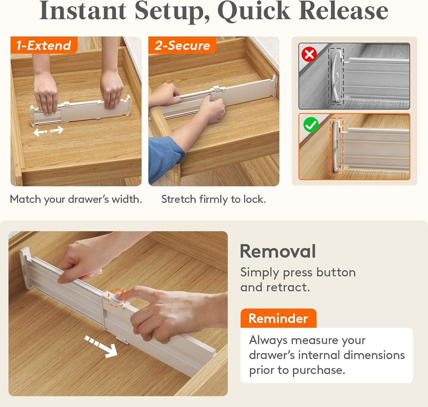 Drawer Dividers for Clothes, 3.2" High 10.5"-16.5" Expandable Dresser Drawer Organizers, Adjustable White Plastic Separators for Kitchen, Cabinet, Nursery, Socks & Underwear Storage, 4 Pack
