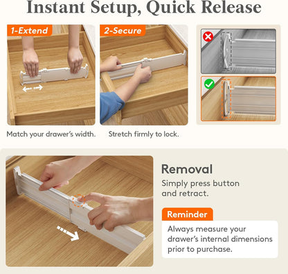 Drawer Dividers for Clothes, 3.2" High 10.5"-16.5" Expandable Dresser Drawer Organizers, Adjustable White Plastic Separators for Kitchen, Cabinet, Nursery, Socks & Underwear Storage, 4 Pack