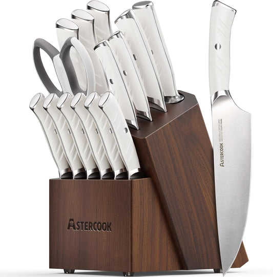 Knife Set, Kitchen Knife Set with Block, 15 Pcs Luxurious High Carbon German Stainless Steel Knives Set with Full Tang Ergonomic Handle, Dishwasher Safe Knife Set with Sharpening Rod, White