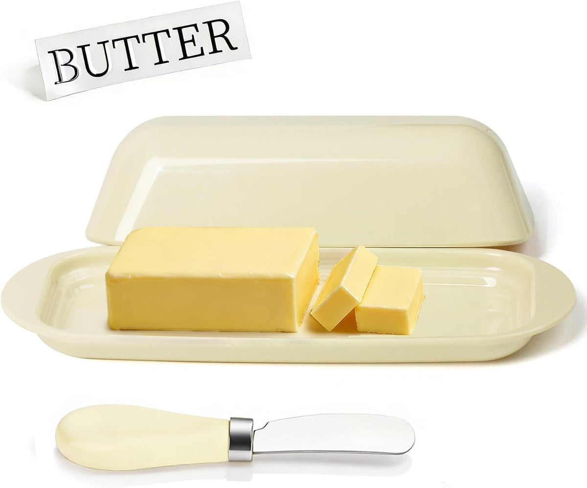 BPA-Free Melamine Butter Dish with Lid & Stainless Steel Knife-Farmhouse Butter Keeper for Countertop&Refrigerator Door Shelf, Dishwasher Safe,Holds 1 Stick with East&West Coast Butter-Cream